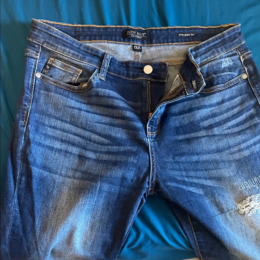 Judy Blue Distressed Straight Leg Jeans - Deep Blue